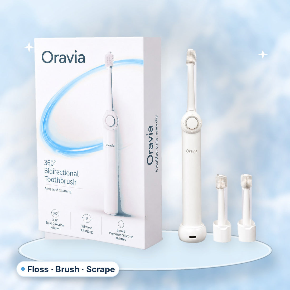 Oravia 3-in-1 Electric Toothbrush: Floss, Brush & Scrape